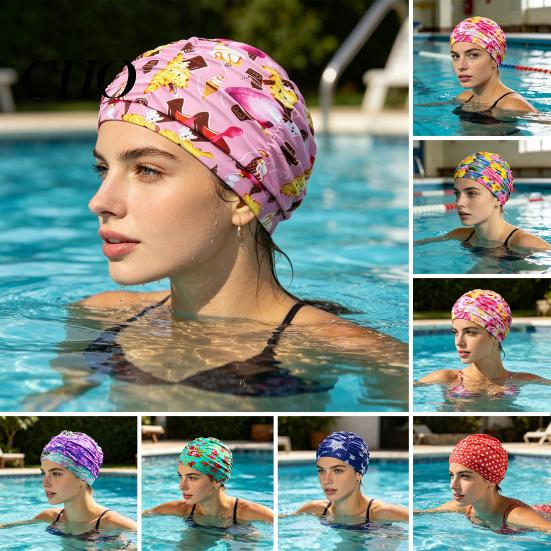 Soft Swim Cap Cloth Swimming Pool for Women, Breathable Colorful Ruffle Women Cap, Elastic Ear Protection Short Long Hair Bathing Hat Fashion Print