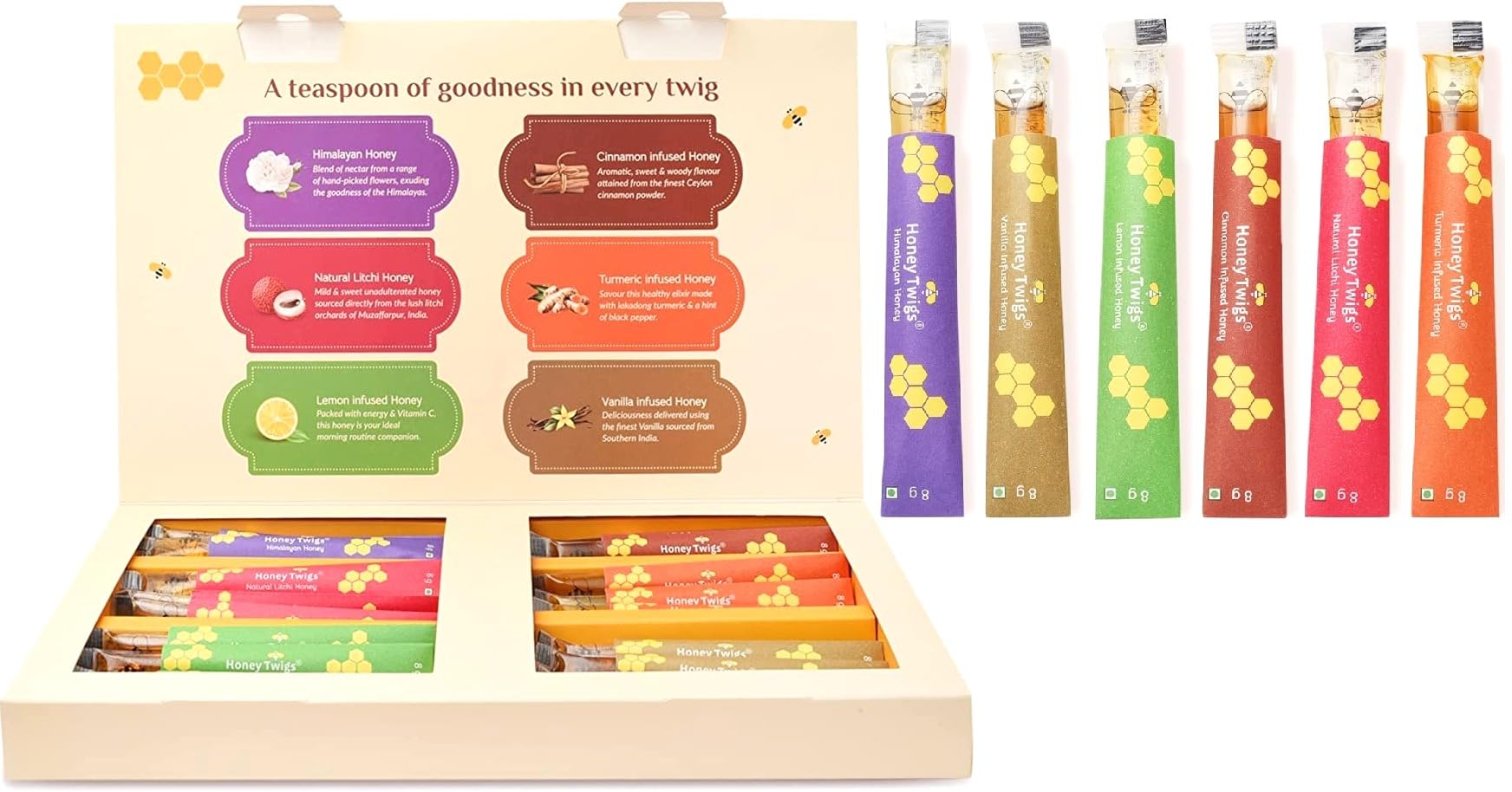 Honey Twigs - Gift pack : Assorted flavours | Cinnamon, Vanilla, Lemon, Turmeric, Litchi, Himalayan honey - 36 Count x 8 g (6 Honey sticks
