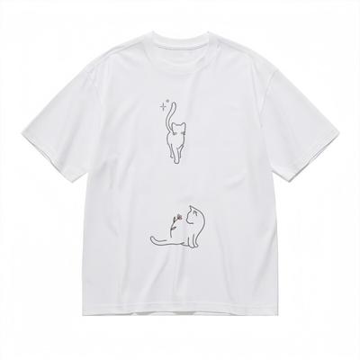 Herren Bequemes Klassisches T-Shirt Abstraktes Katzen- und Botanischer Druck Design T-Shirt