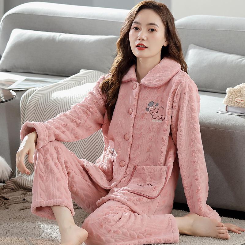 Women's Plus Size Thick Coral Fleece Pajamas - Warm Flannel Homewear for Autumn and Winter