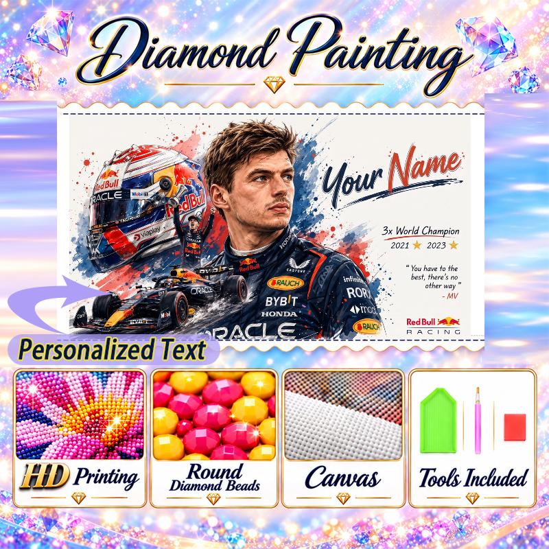 Max Verstappen 5D DIY Diamond Painting Custom Name Text, Full Drill Rhinestone Mosaic Art Home Gift