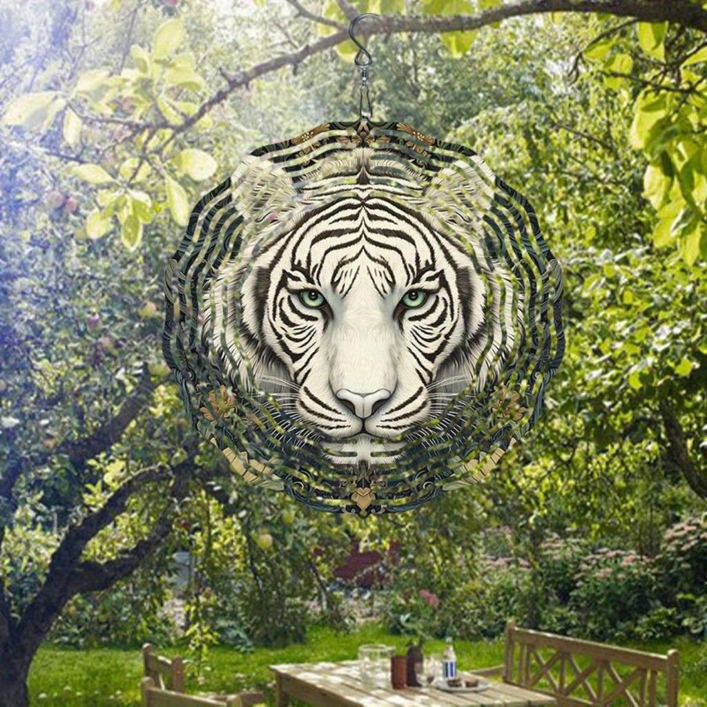 Mandala Lasergeschnittener Windspinner Outdoor Gartendekor Weißes Tiger Muster 2D Dynamisches Metall Windspiel Hängend Rotierend Klassischer Stil mit