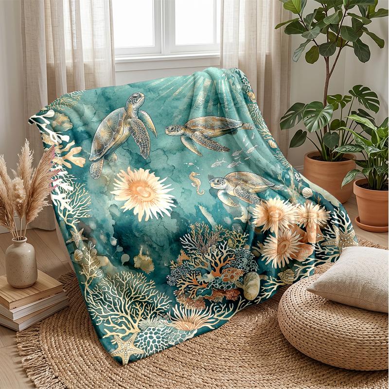 Oceanic Sea Life 3 Theme Blanket Lightweight Warm Flannel Blanket Decorative Throw Blanket for Home Decoration