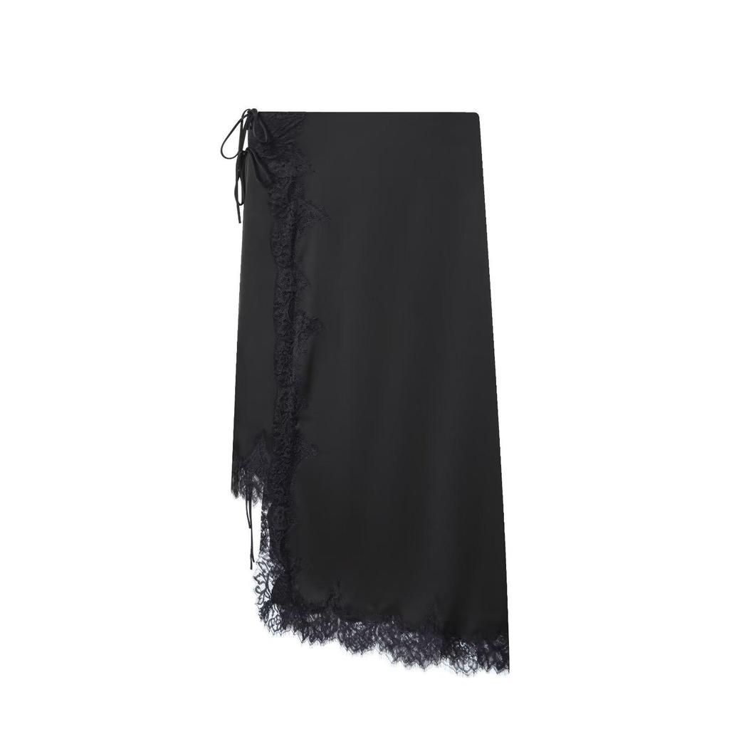 2025 Autumn European Women's Black Lace Satin Skirt