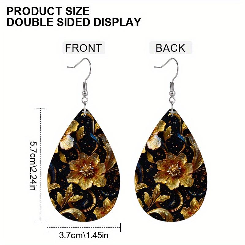 Vintage Style Golden & Pink Flower Pattern PU Leather Earrings for Women Elegant Earrings Birthday Gifts Mother's Day Gifts Christmas Gifts