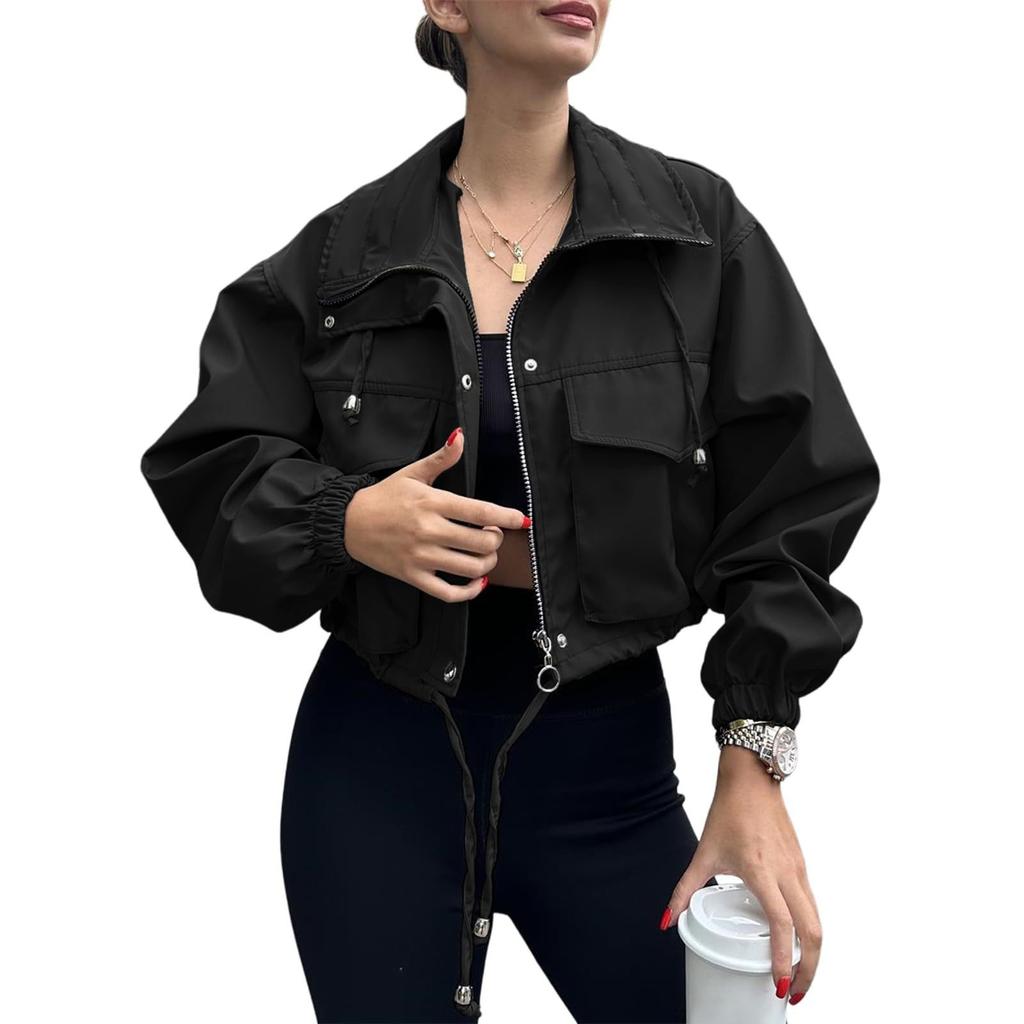 Women's Fashionable Solid Color Long Sleeved Pocket Short Jacket With Zipper Windbreaker Jacket