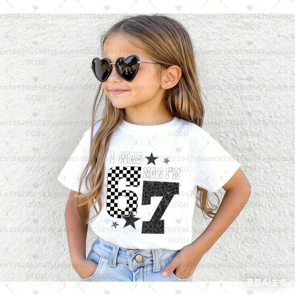 Kids 6 7 Print T-Shirt Short Sleeve Round Neck Casual Top Tees Summer Comfortable Fashion Girl and Boy Clothing
