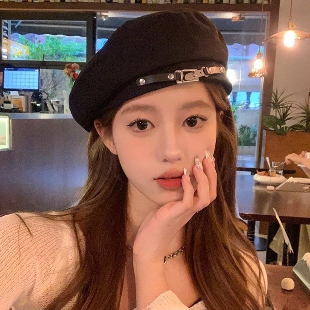 Big Head Circumference Metal Buckle Octagonal Hat Solid Color Painter Cap Vintage Beret Hat  Women