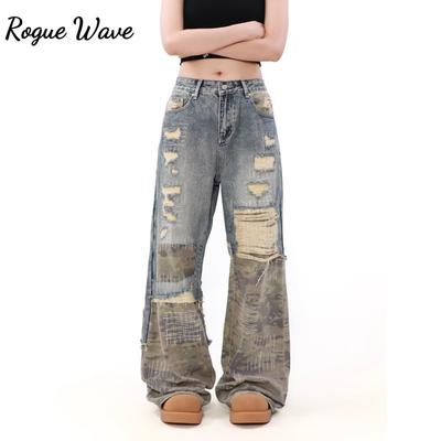 RogueWave Women's Retro Blue Splicing Ripped Jeans Y2K Camouflage Japanese Harajuku Streetwear 2000s Style Wide Leg Pants Jeans Clothing