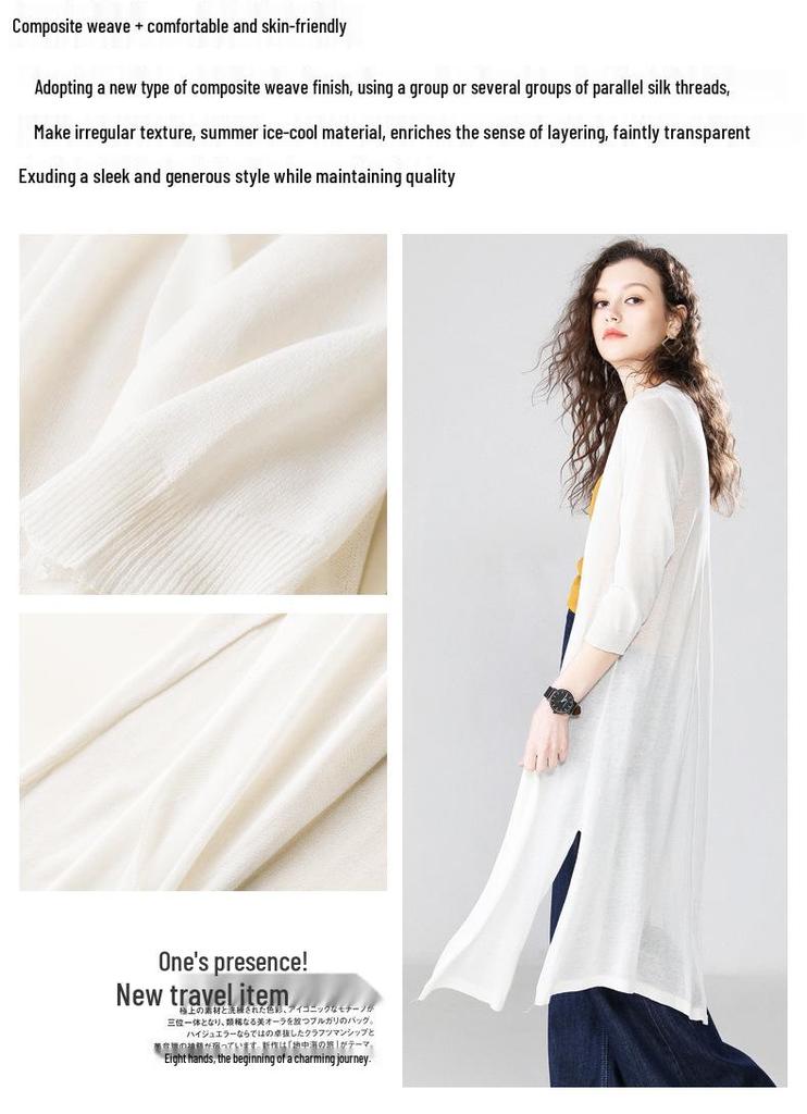 Women's Long Sleeve Summer Linen Knit Cardigan Dress – Thin Ice Silk Sun Protection with Hollow Out Design