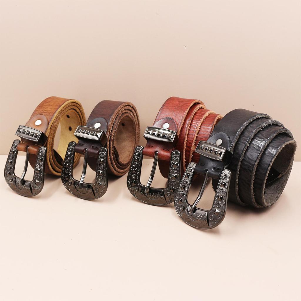 Men's Genuine Leather Western Belt with Texan Buckle - Top Layer Cowhide, Retro Style, Stock Clearance.