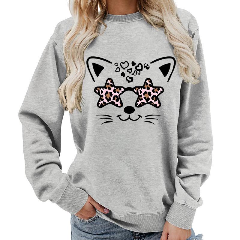 Leopard Print Round Neck Women's Hoodie - Autumn/Winter Casual Loose Fit, European Size
