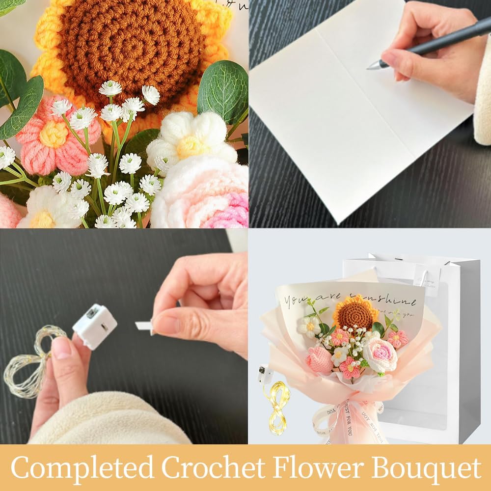 Crochet Flowers Bouquet Sunflower Rose : Handmade Knitted Bouquet for Mother's Day Birthday Home Decor Girlfriend (Pink)