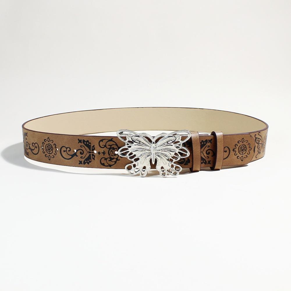 Brown Women'S Butterfly Buckle, Snap Buckle Belt, Retro Butterfly Embossing Pattern, Wearing Accessories Temperament