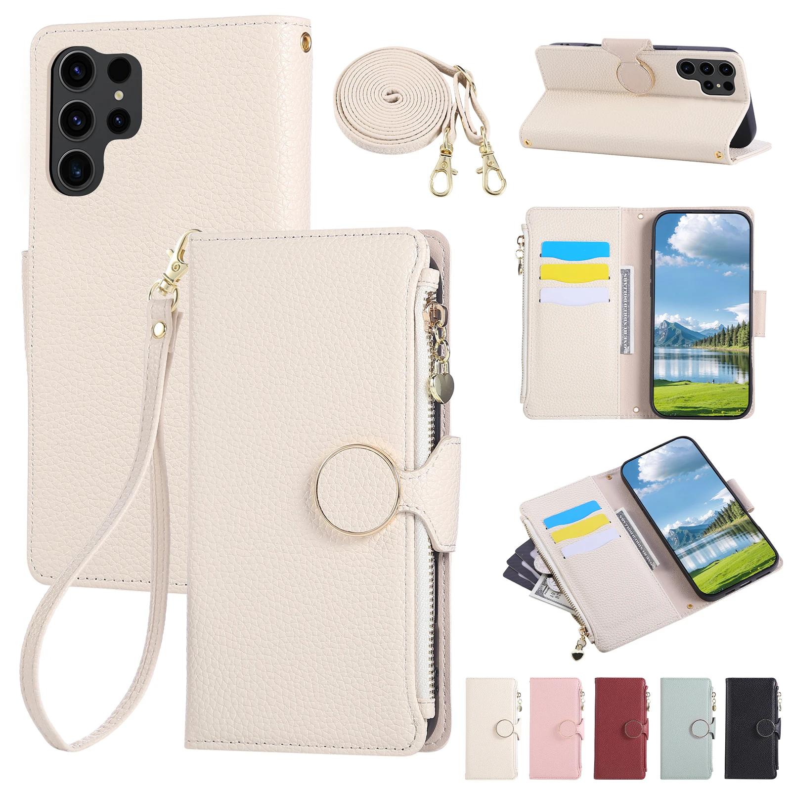 

Leather Magnetic Crossbody Zipper Wallet Cover Phone Case for Samsung Galaxy S25 Edge S24 S23 S21 FE S22 S20 Plus Note 20 Ultra Galaxy S23+ бежевий