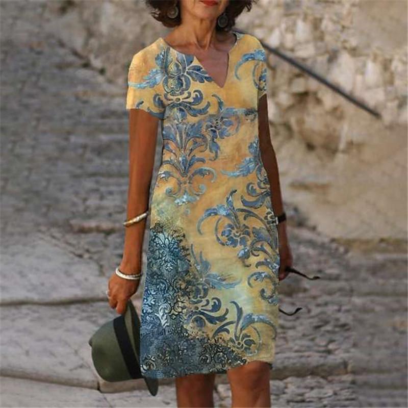 

Платья с 3D-павлиньим цветочным принтом на лето 2022 года, новое женское модное свободное платье с коротким рукавом и V-образным вырезом, винтажное женское платье большого размера 6XL