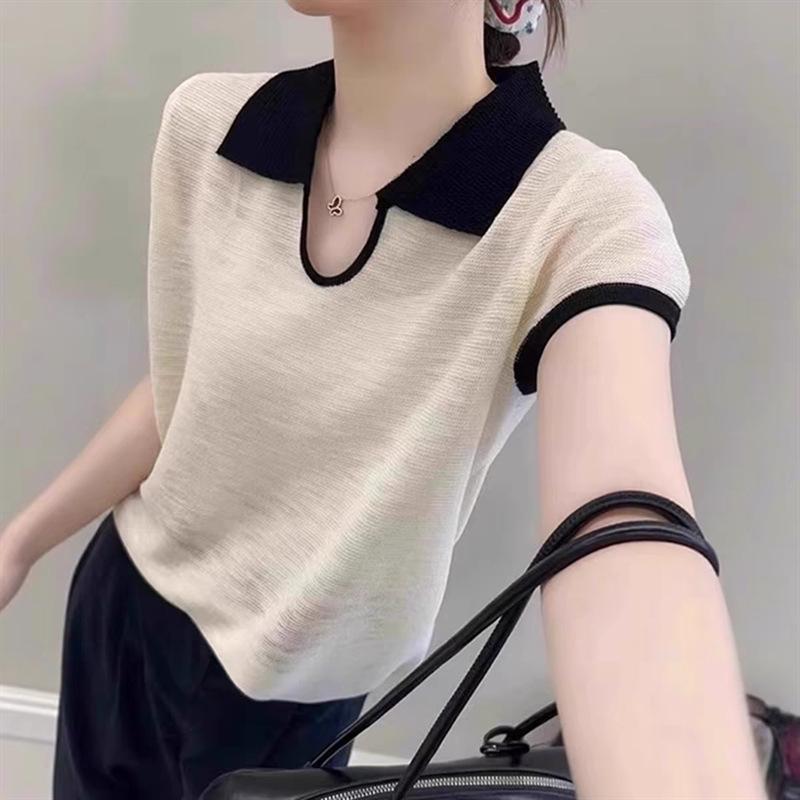 Korean Style Color-Block Polo Collar Knit Cropped T-Shirt