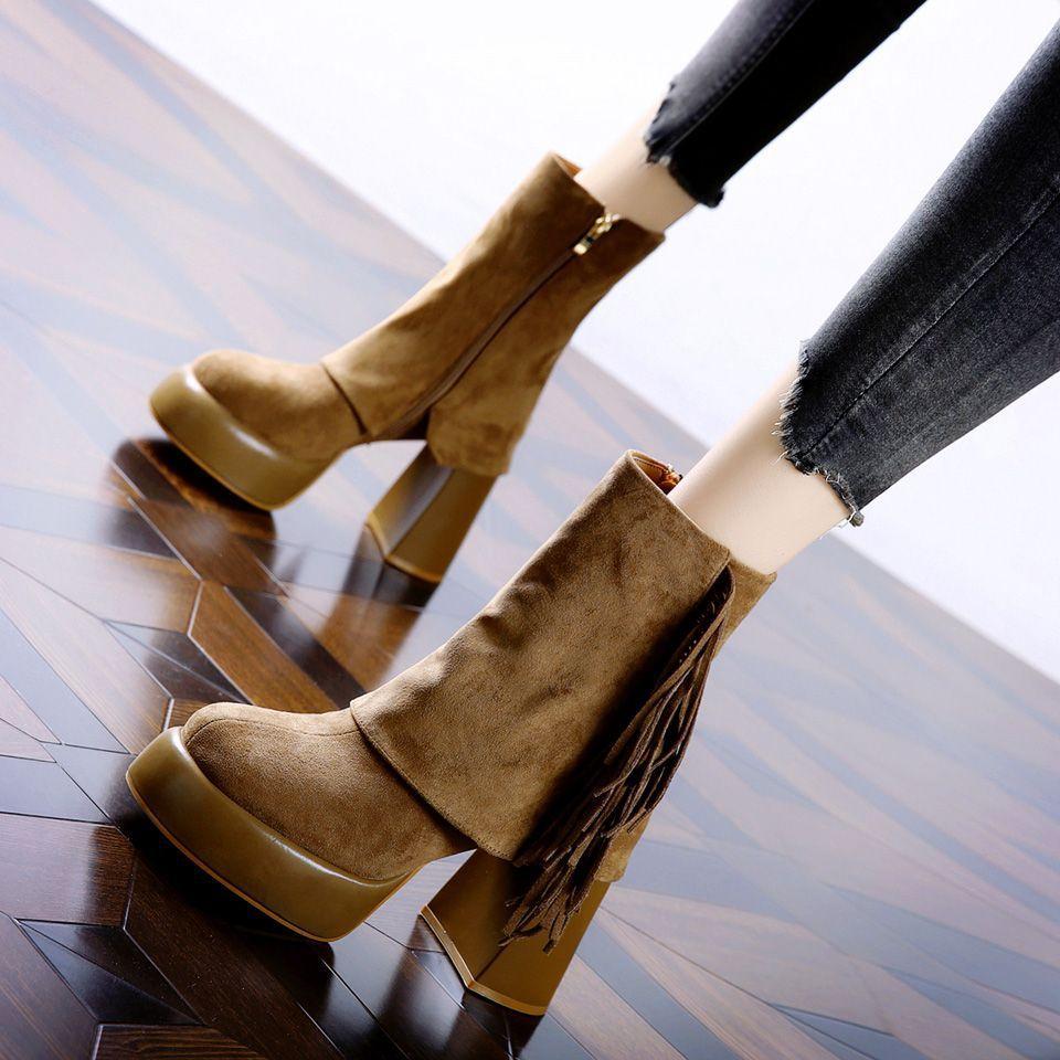 

Thick-soled matte fringed short boots 2025 autumn and winter new retro waterproof table super high heel boots fleece pants tube boots women 39