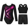 Girls Gymnastics Dance Set Long Sleeve Metallic Patchwork Leotard Cross Back Vest Rhinestone Waistband Shorts