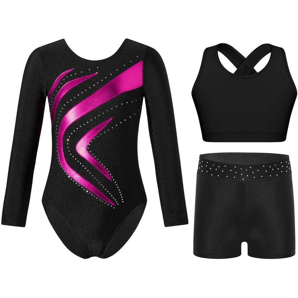 Girls Gymnastics Dance Set Long Sleeve Metallic Patchwork Leotard Cross Back Vest Rhinestone Waistband Shorts