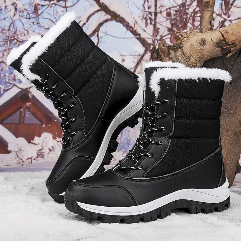 Fashion New Winter Outdoor Anti Slip Snow Boots for Women with Thick Fleece and Warm Mid To High Cut Skiing Cotton Shoes Women Shoes