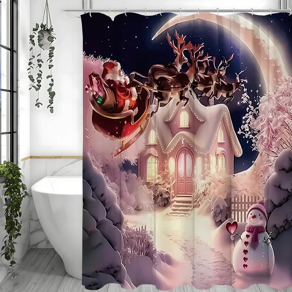 Christmas Pink House Snowman Santa Claus Shower Curtain, Bathroom Decorative Shower Curtain, Waterproof Shower Curtain with Hook
