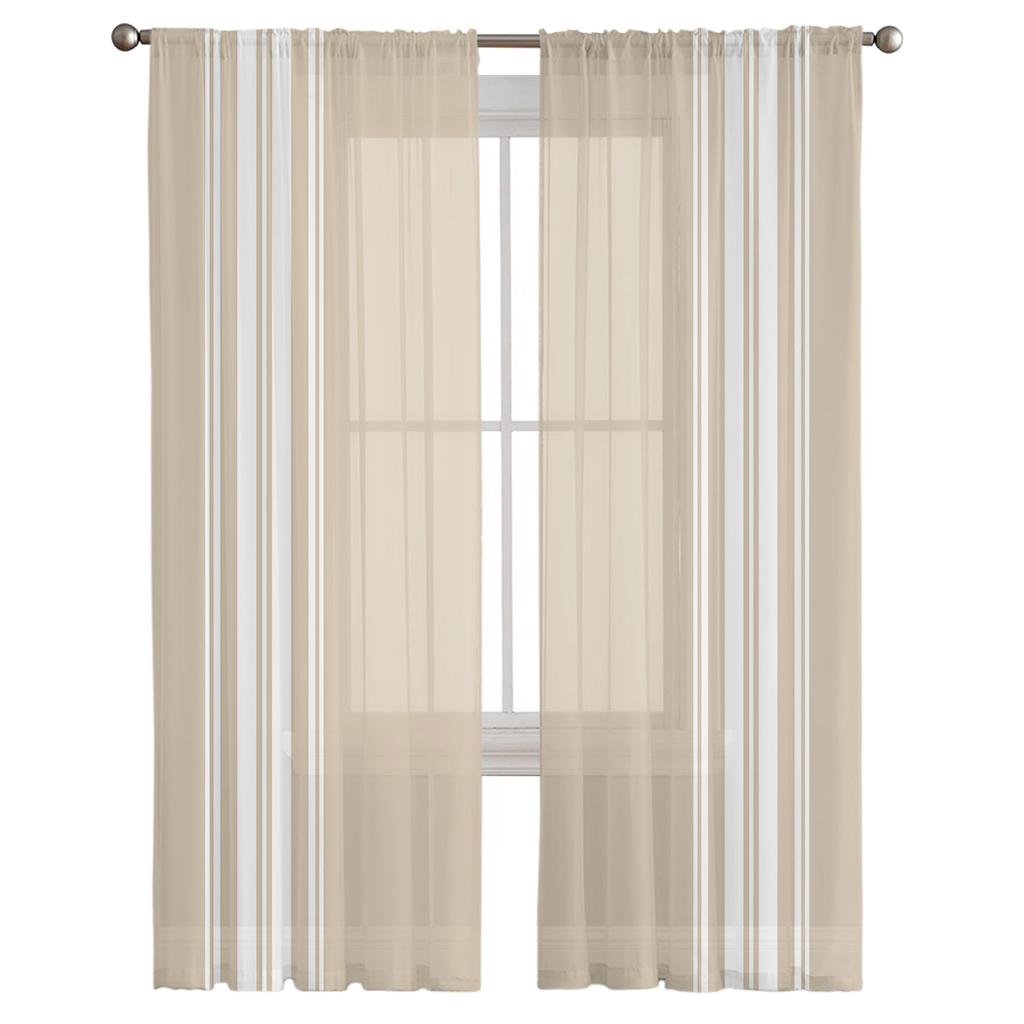Khaki Striped Country Farmhouse Voile Sheer Curtains Living Room Window Chiffon Tulle Curtain Kitchen Bedroom Drapes Home Decor