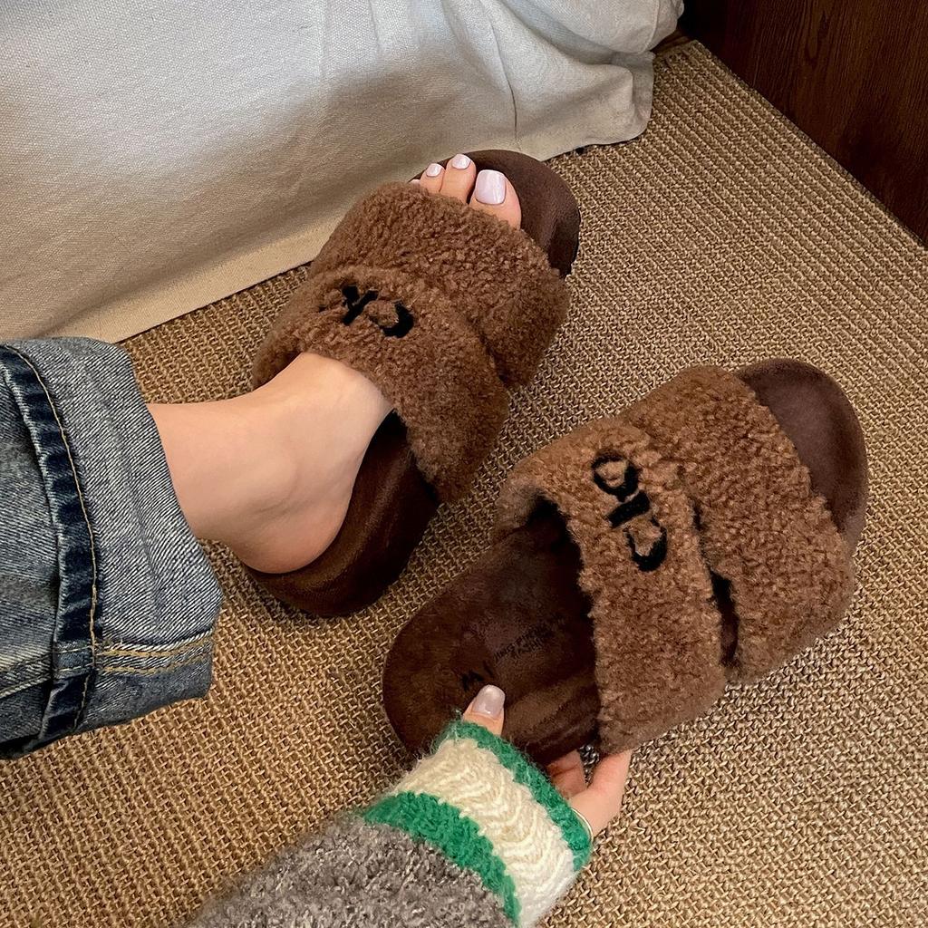 Retro black French thick-soled one-word fluffy slippers for women's outer wear 2025 new autumn heightening soft-soled cotton slippers