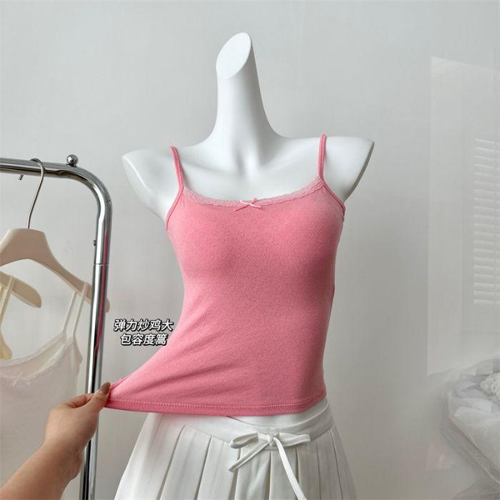 Vintage Style Bow Lace Slim Suspender Womens Summer Updated Single Color with Chest Pad Vest One Size