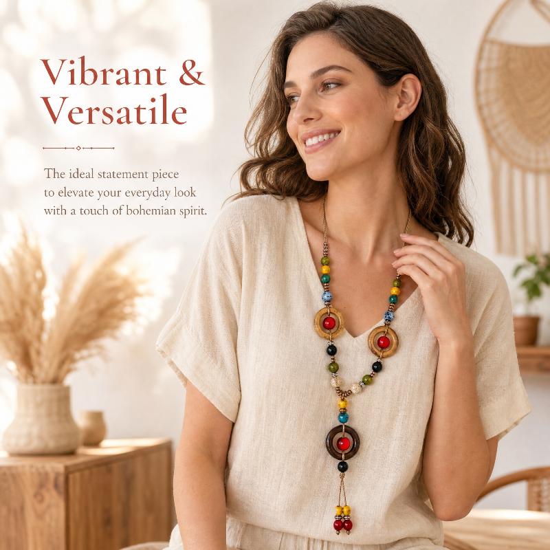 Boho Wooden Beaded Long Necklace Collar Decoration Female Jewelry Neck Accessories Ethnic Style Handmade Pendant Sweater Chain
