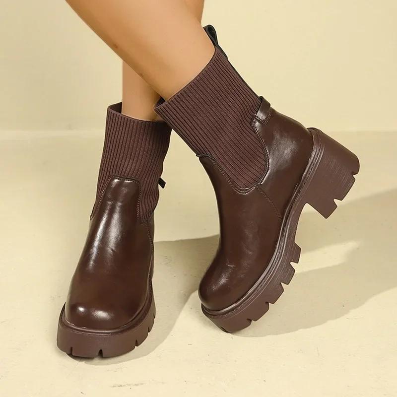 Fashion 2024 Plus Size Shoes Female Ankle Women's Boots Elegant Modern Boots Women Round Toe Chunky Heels Knitted Slip on Shoes Women