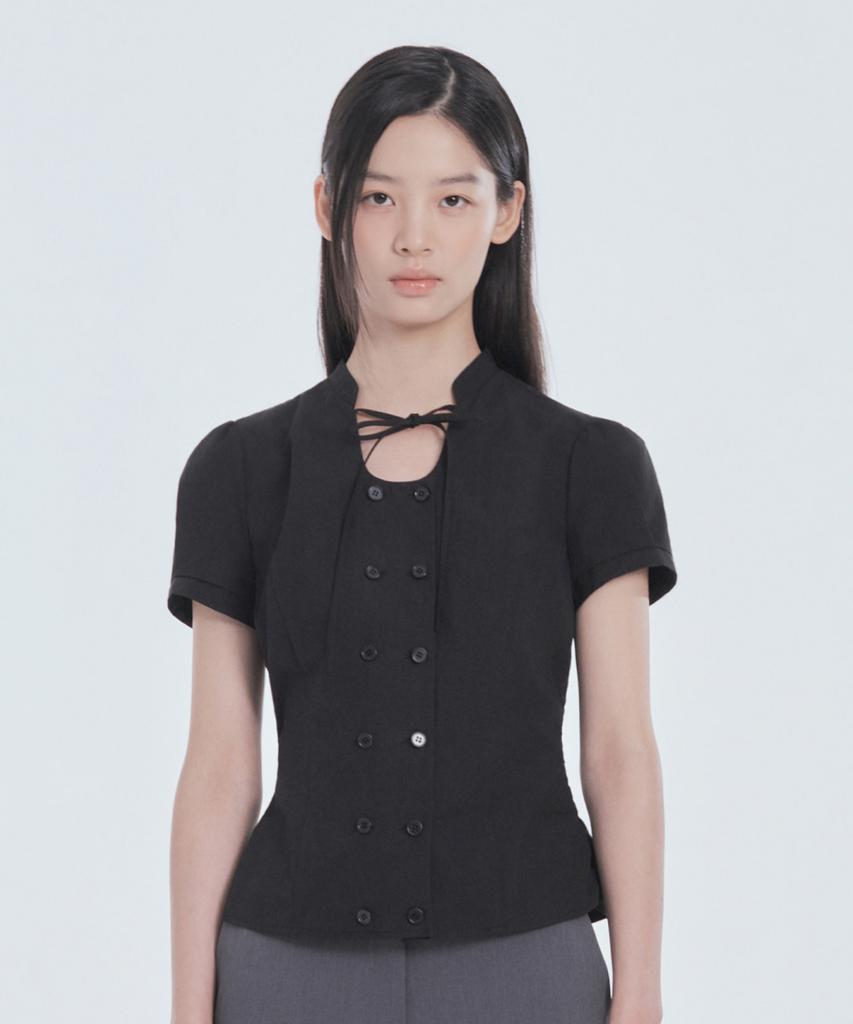 Mausolleum String Tie Double Button Blouse - Black