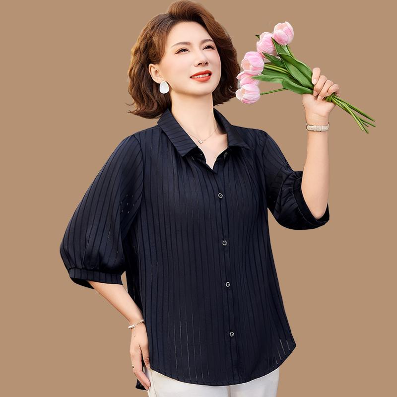 

Mom s Stylish Mid-Sleeve Chiffon Blouse 2026: Loose Striped Summer Shirt for Middle-Aged and Elderly Women 4XL (approx. 135-150 jin) чорний