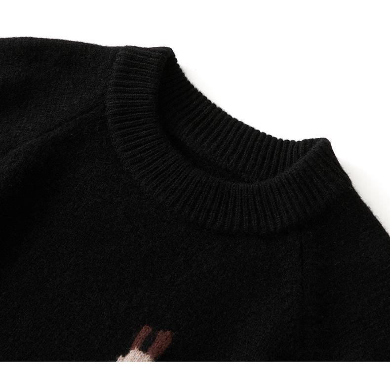 Autumn/Winter Unisex Kids' Pure Wool Round Neck Pullover with Cartoon Animal Embroidery