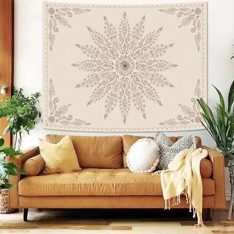 Boho Sun Mandala Tapestry, Beige Floral Minimalist Print Wall Hanging for Bedroom Dorm Living Room Home Decor