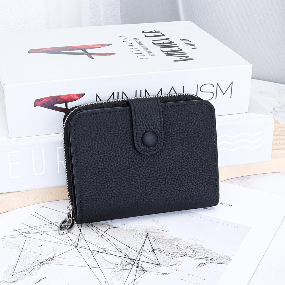 

Genuine Leather Mini Wallet - Snap Button & Zipper Bifold Card Wallets, Compact Slim Purse with Multi-Card Slots for Women чёрный