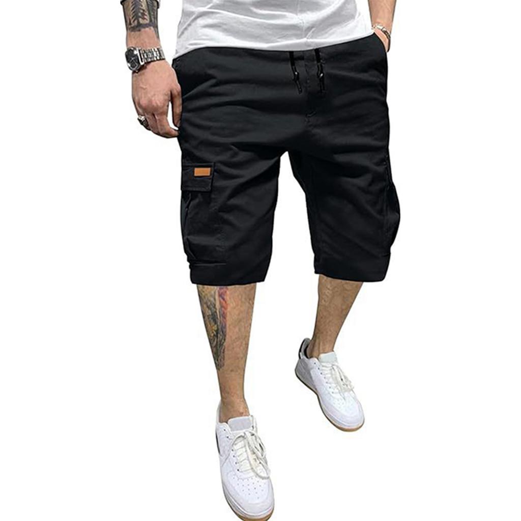 Men Multi Pocket Cotton Cargo Shorts Loose Fit Drawstring Waist Casual Outdoor Pants