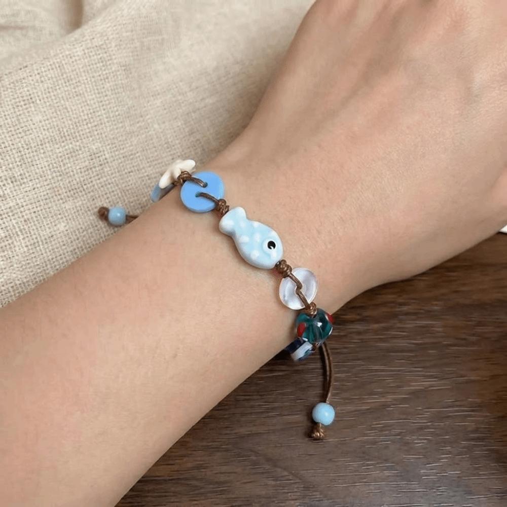 Bohemian Adjustable Ceramic Bracelet Beads Braided Rope Woven Bracelet Romantic Cute Starfish Necklace Vacation
