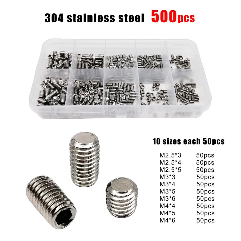500/1500 M2 M2.5 M3 M4 M5 M6 M8 DIN913 304 Stainless Steel Black Hex Hexagon Socket Allen Flat Point Grub Bolt Set Screw Kit Box