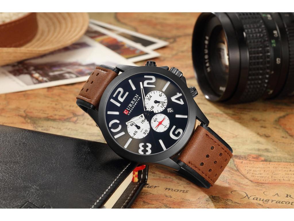 CURREN M8244 Men's Six-Hand Quartz Watch, Sporty Waterproof Design with Genuine Leather Strap and Single Calendar.