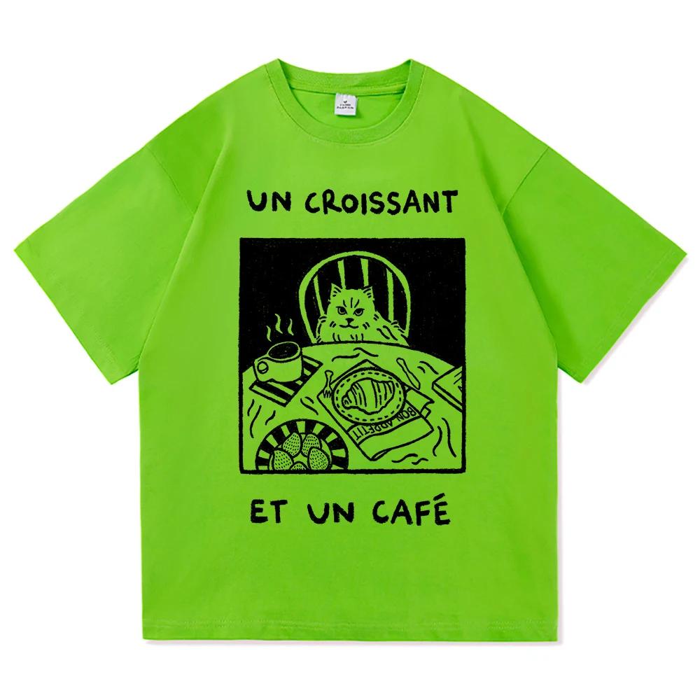 French Cafe Cat T Shirt Fashion Women Summer Funny Letter Un Croissant Et Un Cafe Tshirt High Quality Casual Cotton Tees Shirts