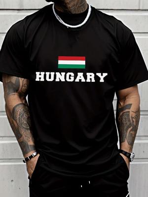 Patriotisches Ungarn Nationalflagge Buchstabe Vorderseite Grafikdruck Herren Rundhals Kurzarm T-Shirt Casual