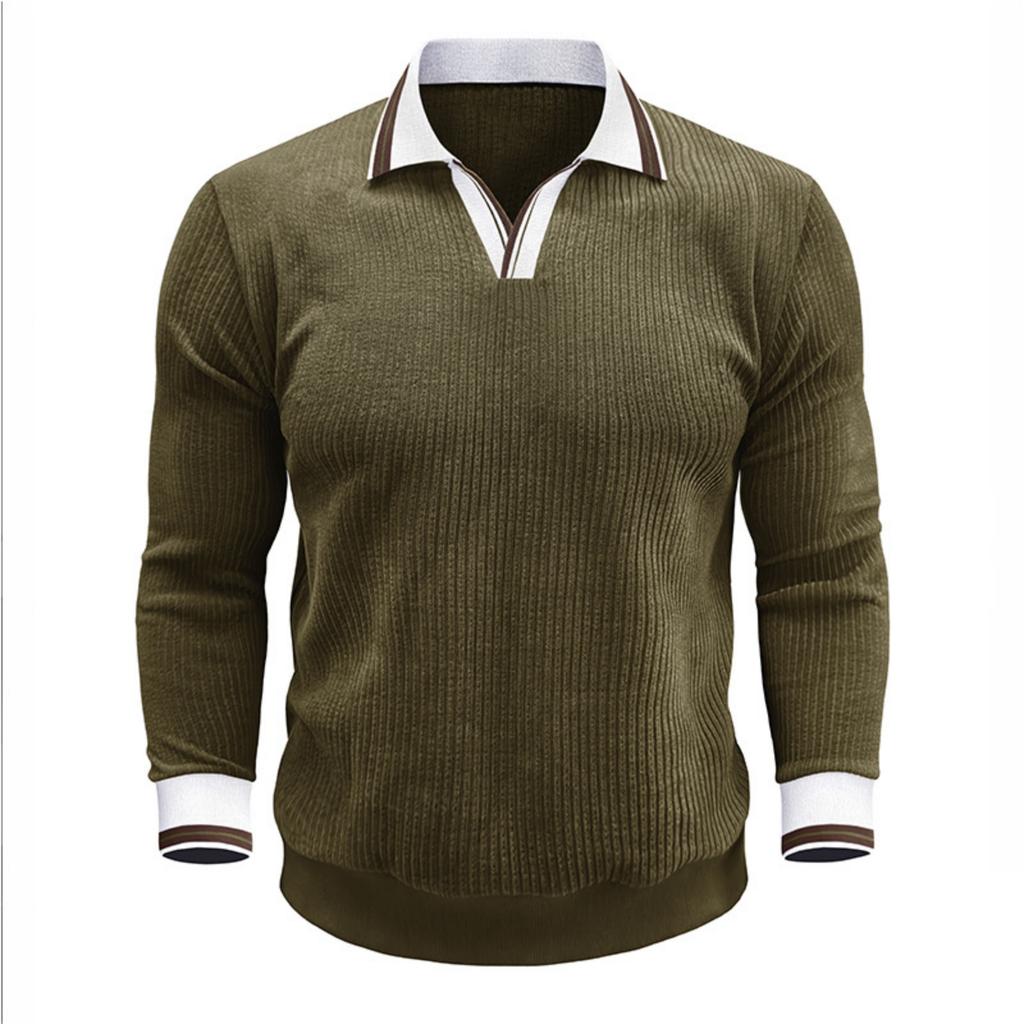 Men's Long,sleeved Color,blocked Pullover, Men's Lapel Corduroy Long,sleeved Top