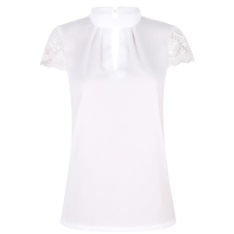 

Chiffon Casual Women Short Sleeve Splice Lace Crop Formal Tops Blouse Shirt T 5XL білий