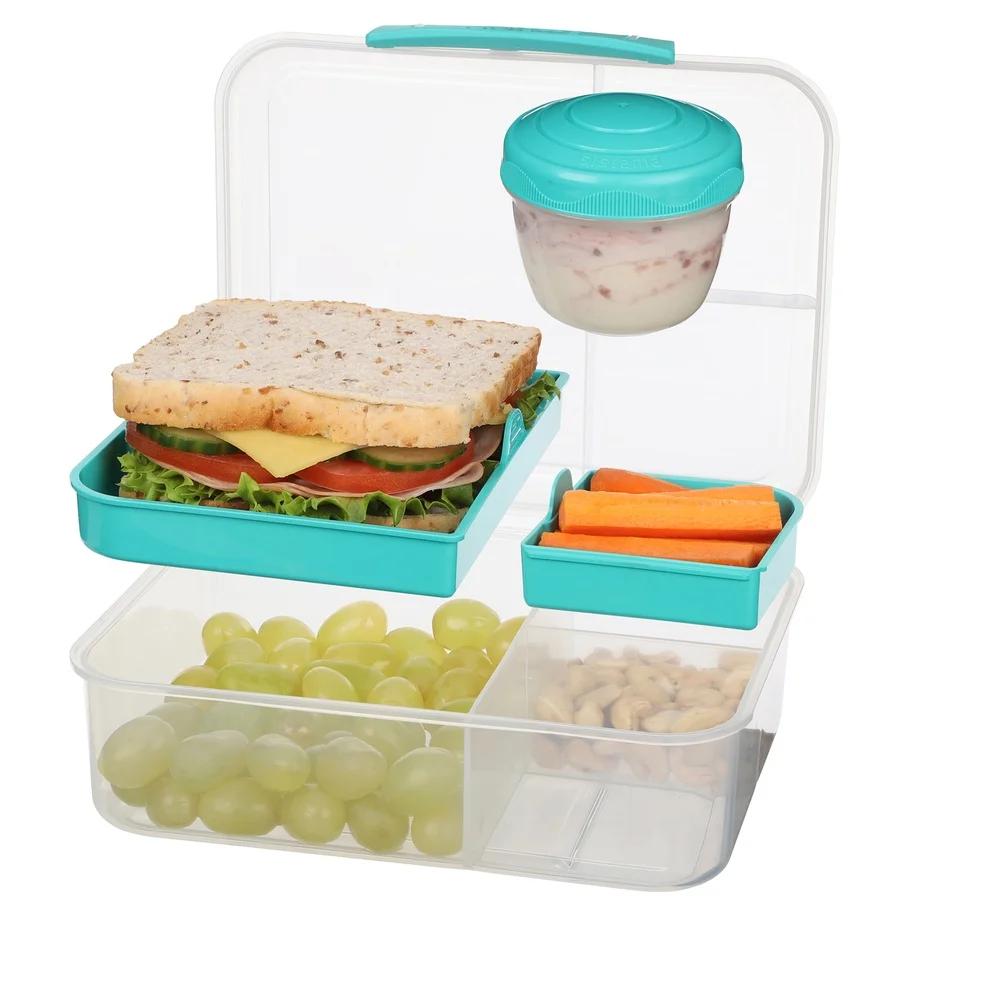Plastic Bento Lunch Box with Yogurt Pot Microwave Safe Freezer Safe Stackable Easy Locking Clip Multiple Compartments Teal