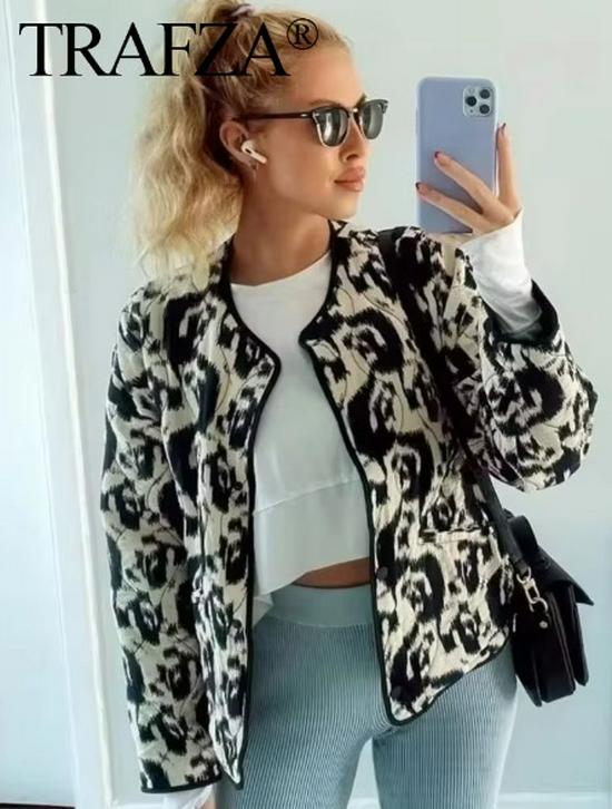 Autumn Retro Women's Fashion Loose Long Sleeve Printed Cotton-Padded Jacket