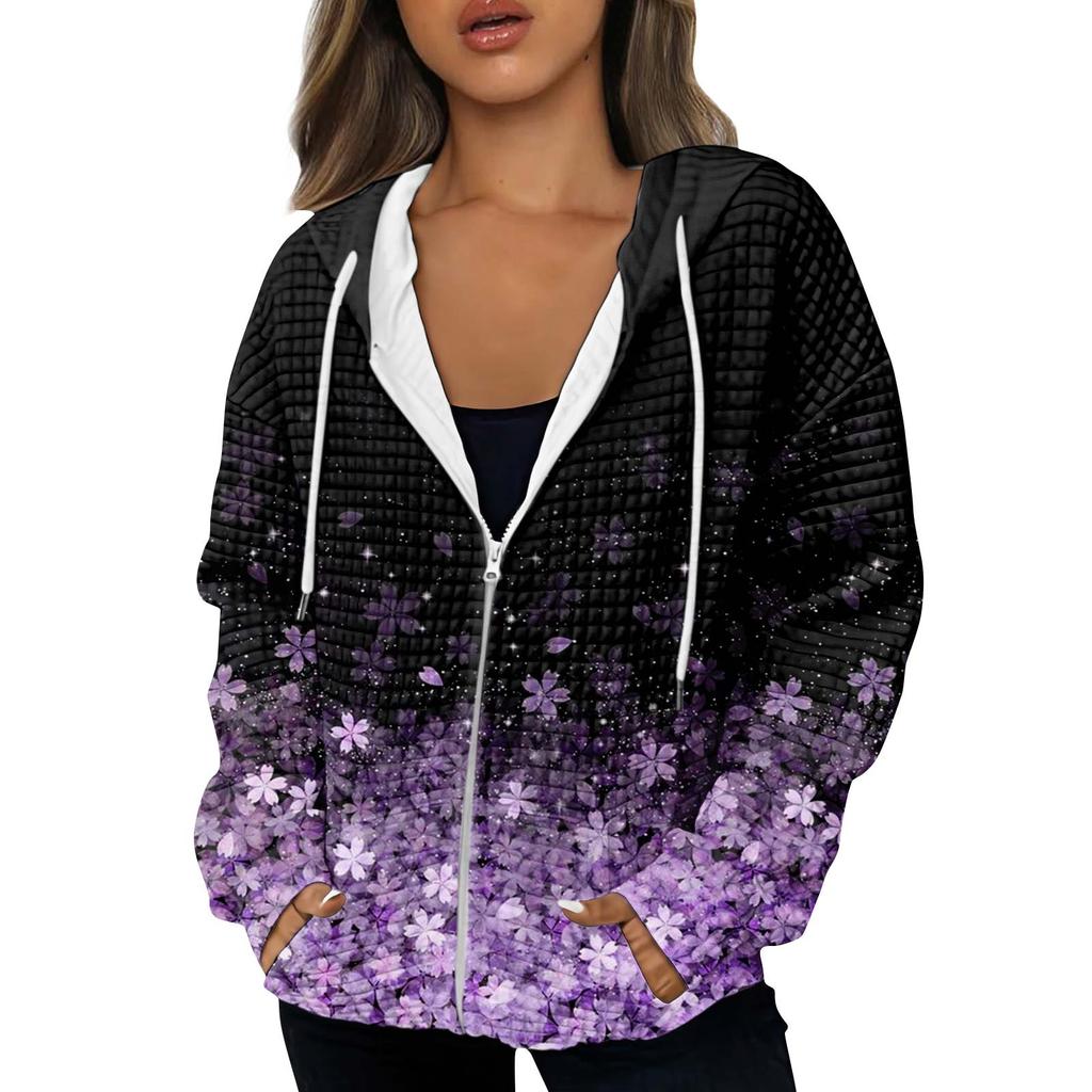 Damska jesienno-zimowa, modna bluza z kapturem i nadrukiem. Kurtka zapinana na zamek i kieszenie