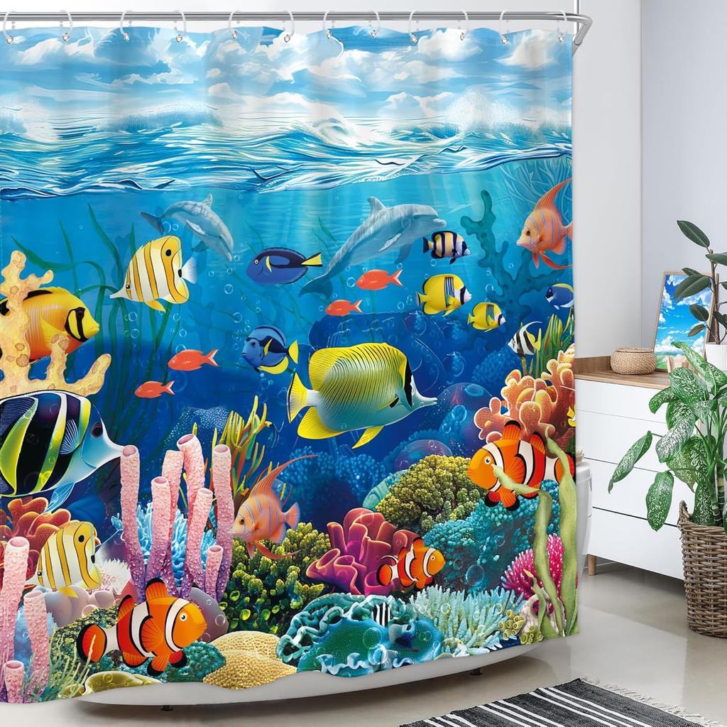 Colorful Underwater Ocean Fish Coral Reef Shower Curtain Machine Washable All Season Waterproof Privacy Protection Easy To Clean
