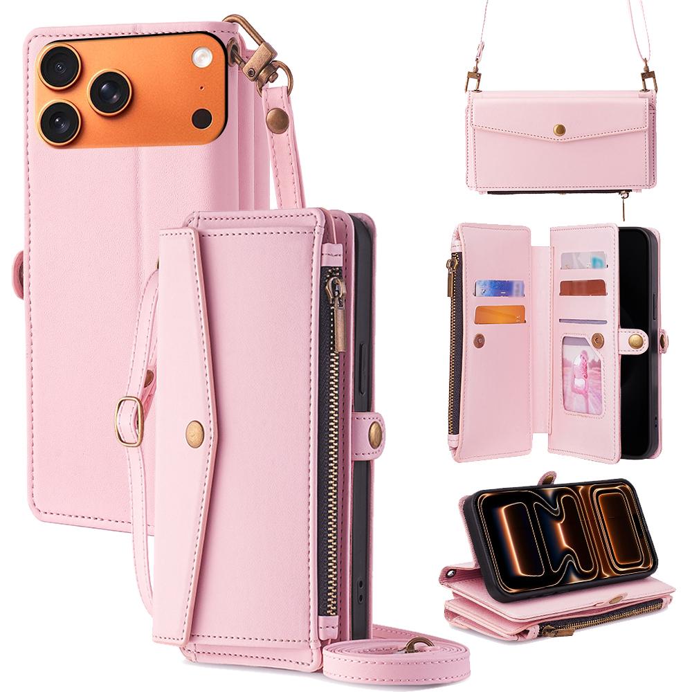 For iPhone 17 Pro Max Case Card Slots Zipper Purse PU Leather Phone Cover with Shoulder Strap