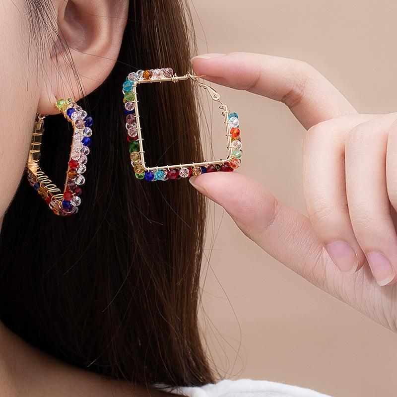 Earrings Niche Design Sense High-End Earrings Square Color Crystal Winding Earrings Fashion Ear Jewelry